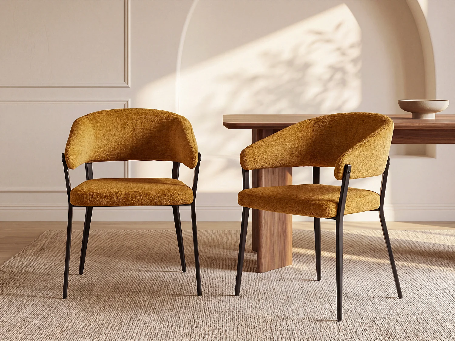 Set van 6 stoelen met armleuningen van stof en zwart metaal - Mosterdgeel - AVRELA