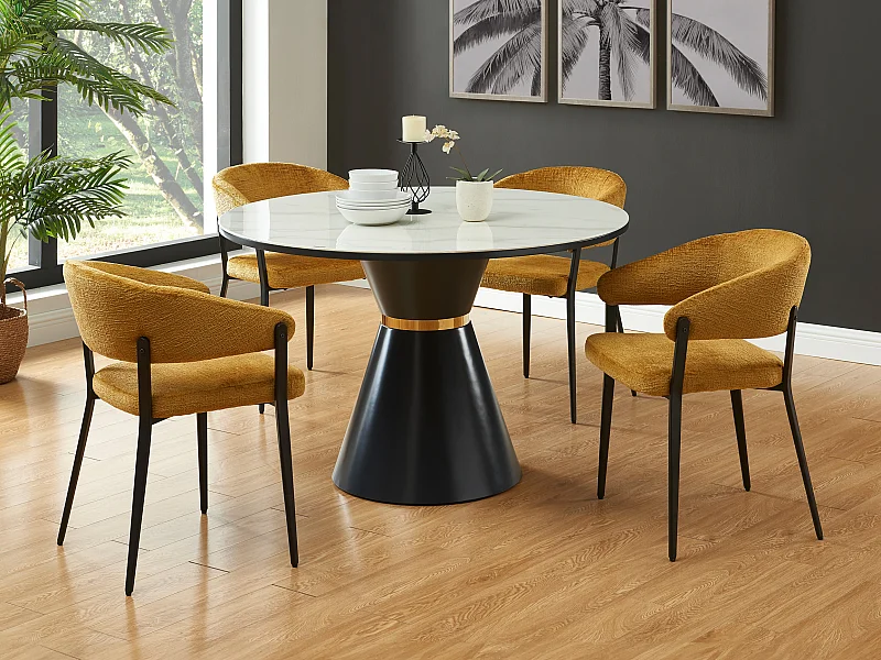 Lot de 6 chaises avec accoudoirs en tissu et métal noir - Jaune moutarde - AVRELA