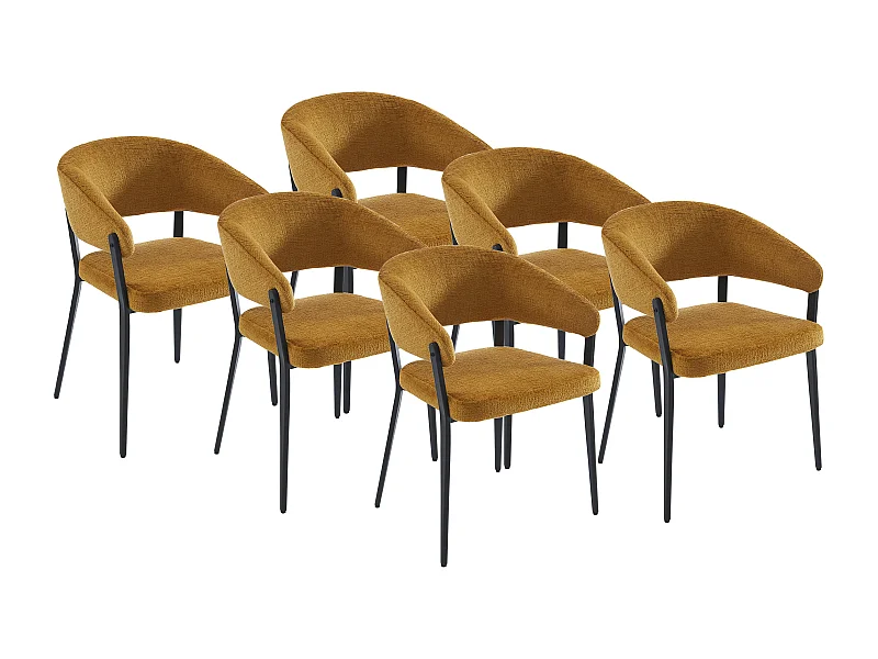 Lot de 6 chaises avec accoudoirs en tissu et métal noir - Jaune moutarde - AVRELA