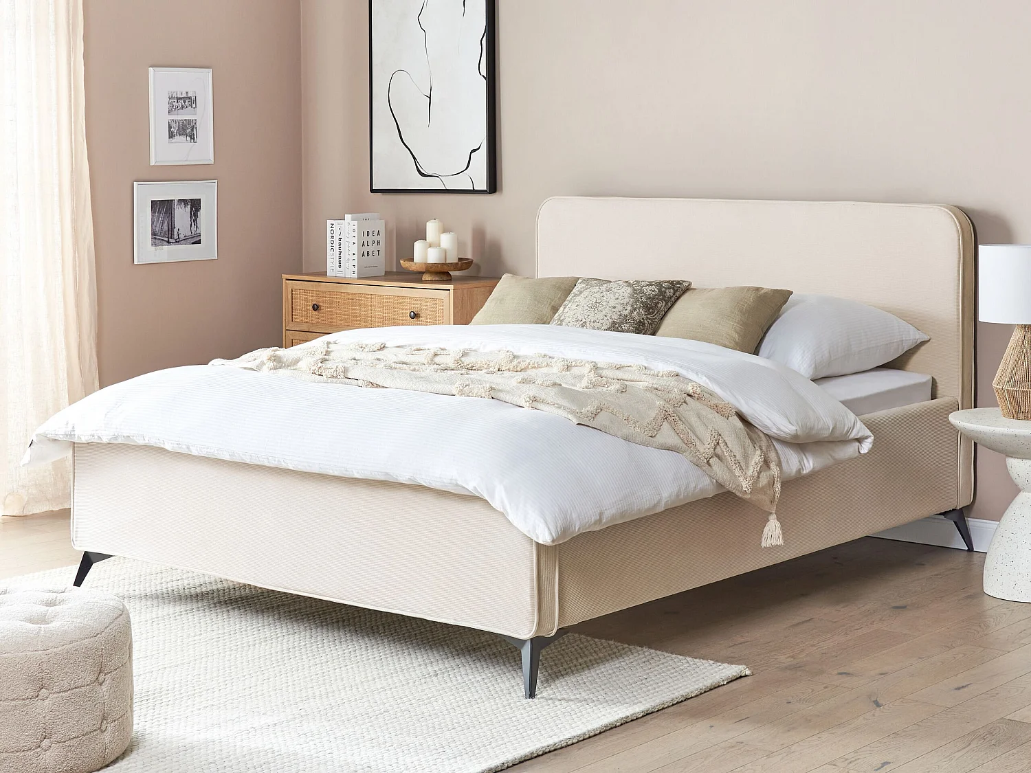 Lit avec sommier Velours côtelé VALOGNES 160 x 200 cm Beige clair