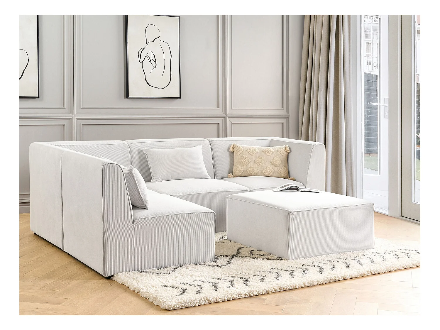 Canapé d'angle modulable 4 places LEMVIG Velours côtelé Blanc cassé avec ottoman Côté droit