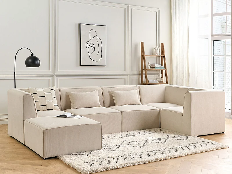 Modul Ecksofa LEMVIG Cord Hellbeige mit Ottomane 5-Sitzer linksseitig