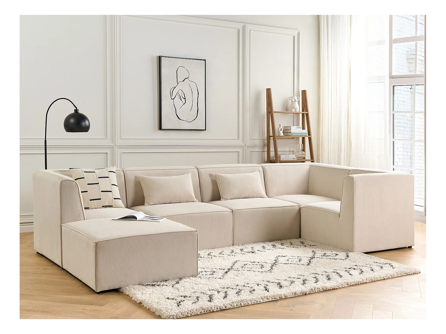 Canapé d'angle modulable 5 places LEMVIG Velours côtelé Beige clair avec ottoman Côté droite