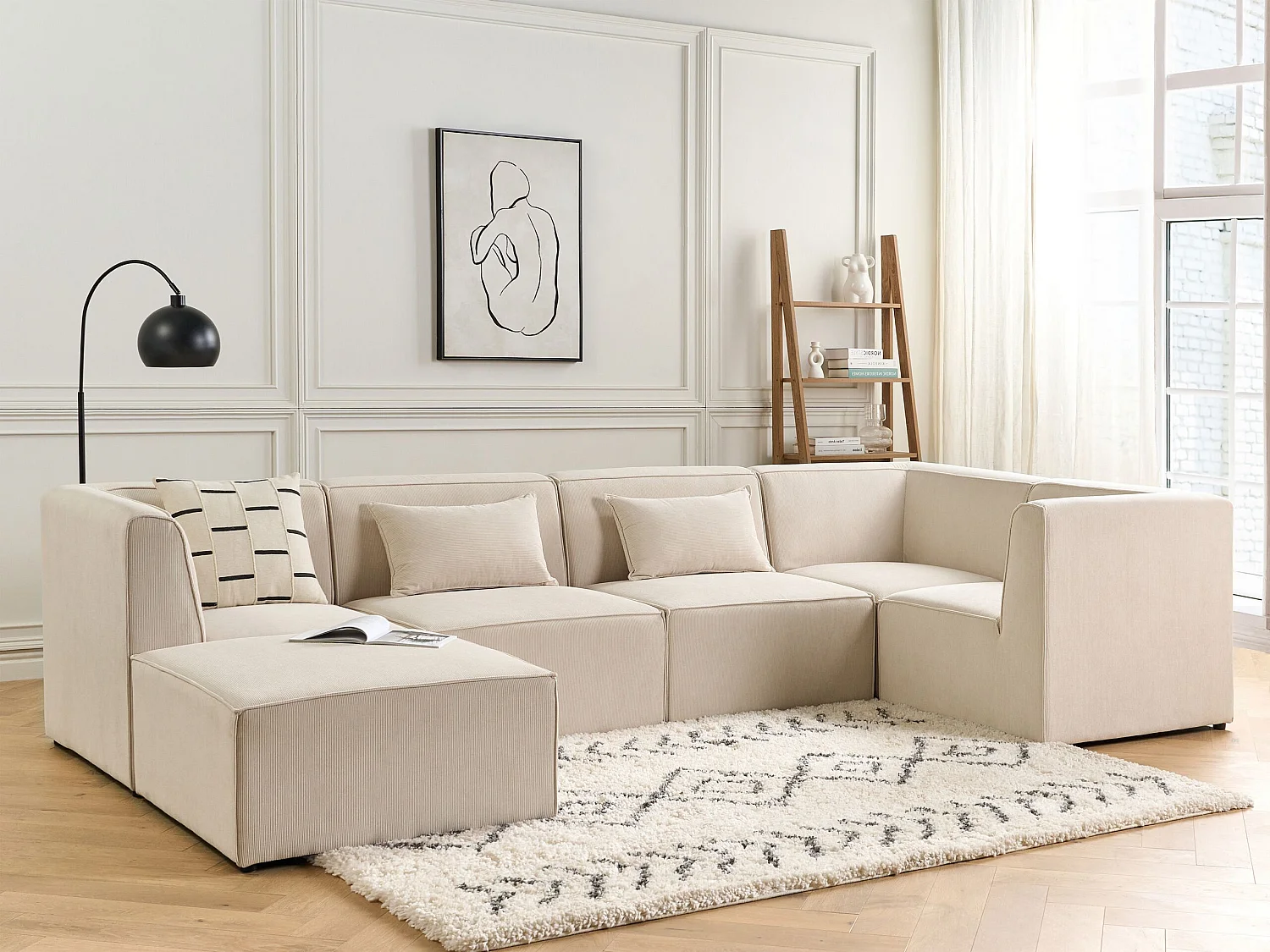 Canapé d'angle modulable 5 places LEMVIG Velours côtelé Beige clair avec ottoman Côté droite