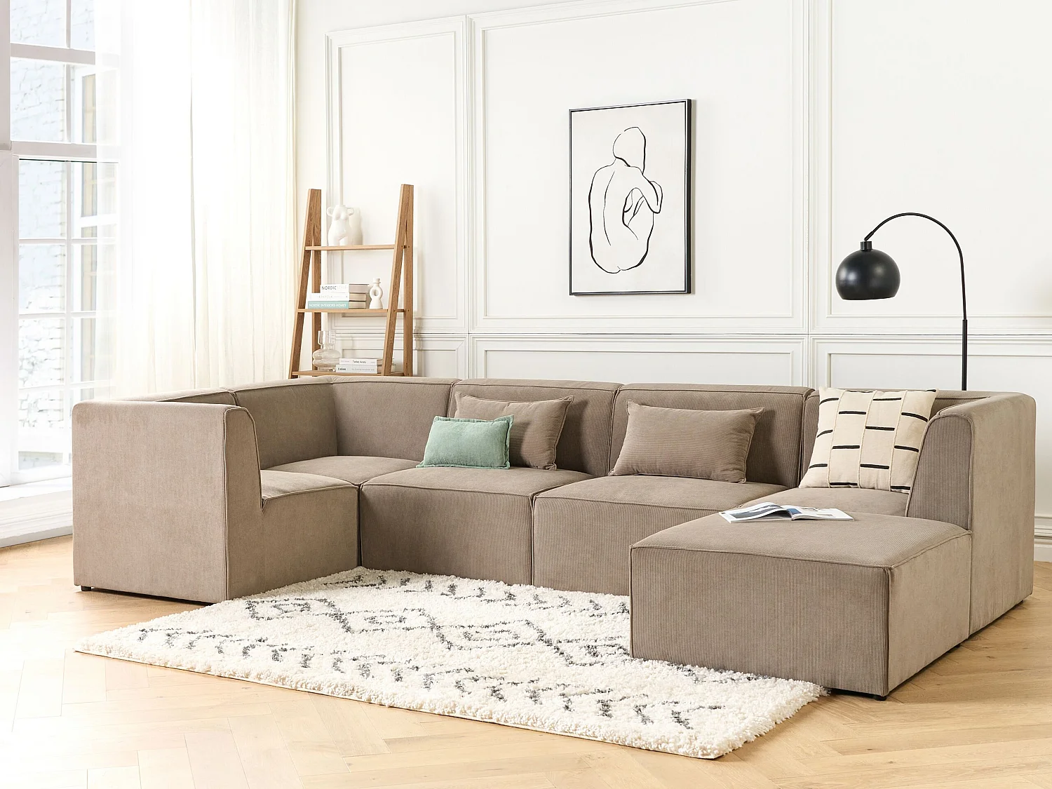 Modulaire hoekbank LEMVIG Corduroy Taupe Met ottomaan 5-zitter Rechterzijde