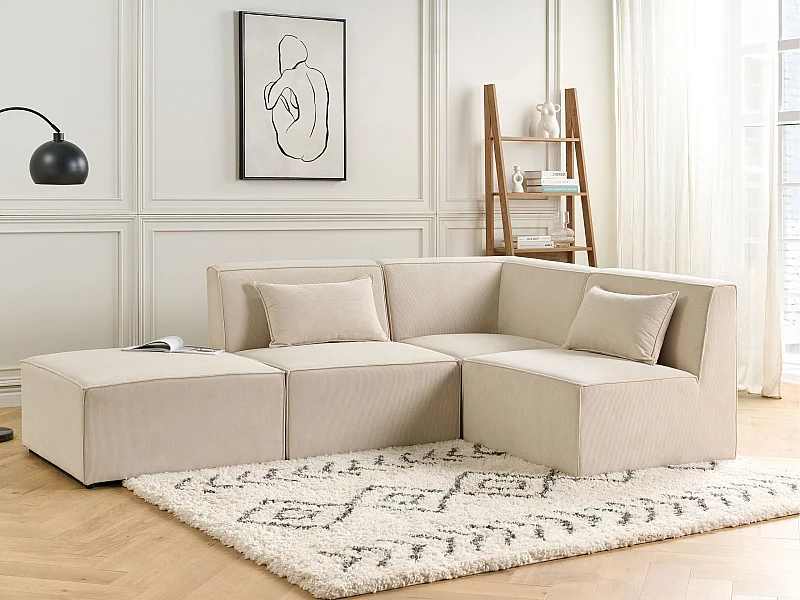 Modul Ecksofa LEMVIG Cord Hellbeige mit Ottomane 3-Sitzer linksseitig