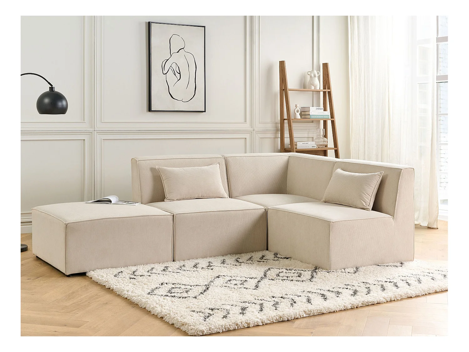 Canapé d'angle modulable 3 places LEMVIG Velours côtelé Beige clair avec ottoman Côté droite