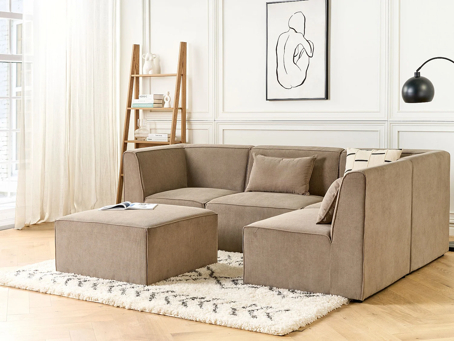 Canapé d'angle modulable 4 places LEMVIG Velours côtelé Taupe avec ottoman Côté droite