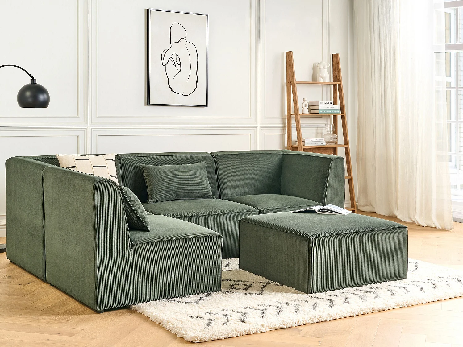 Canapé d'angle modulable LEMVIG Velours côtelé Vert foncé avec ottoman 4 places Côté droit