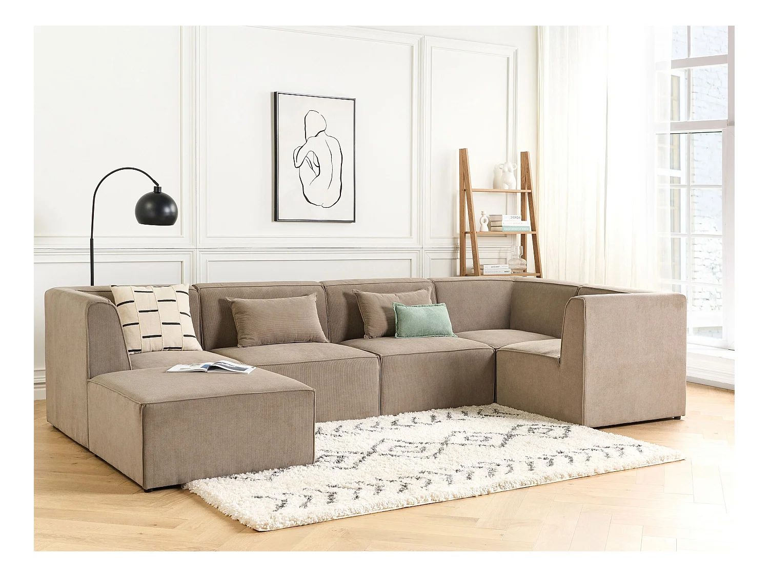 Canapé d'angle modulable 5 places LEMVIG Velours côtelé Taupe avec ottoman Côté droite