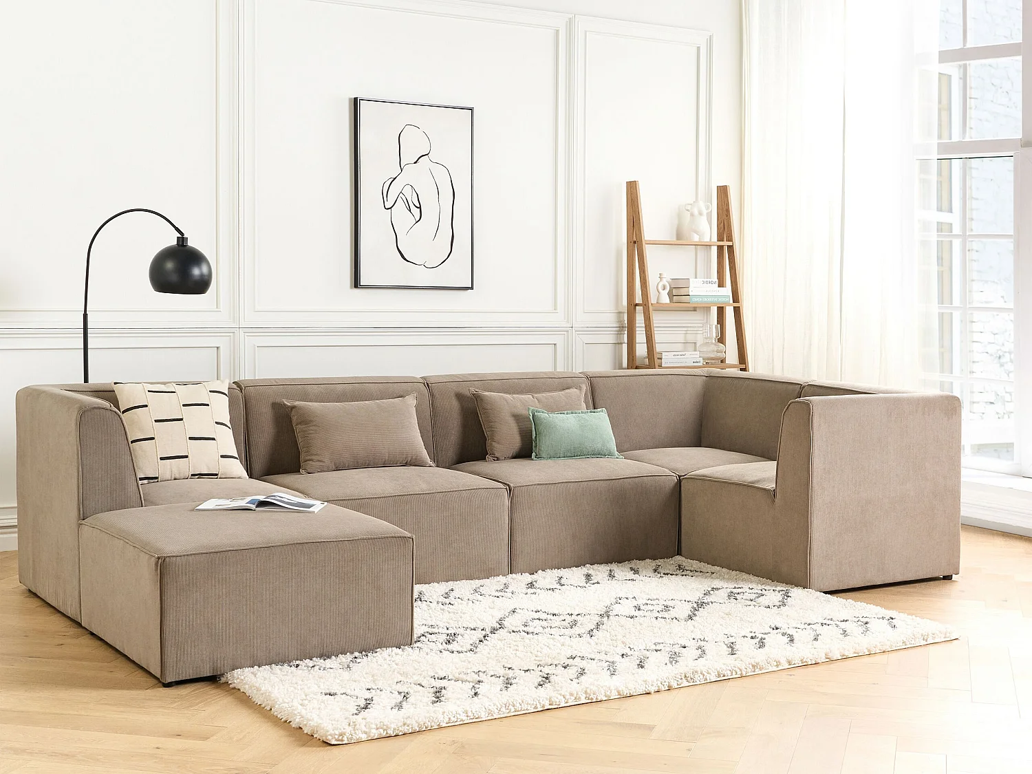 Modulaire hoekbank LEMVIG Corduroy Taupe Met ottomaan 5-zitter Linkerzijde