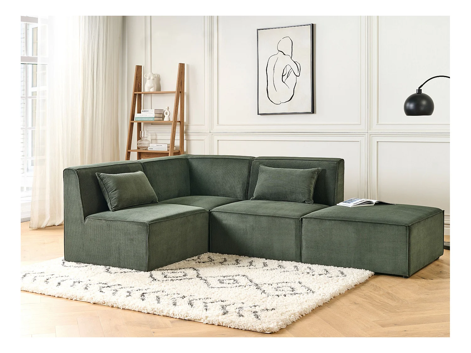 Modulaire hoekbank LEMVIG Corduroy Donkergroen Met ottomaan 3-zitter Rechterzijde
