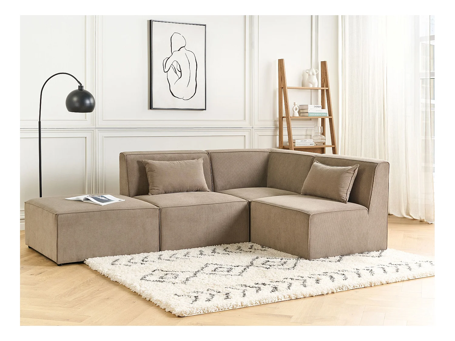 Modulaire hoekbank LEMVIG Corduroy Taupe Met ottomaan 3-zitter Linkerzijde