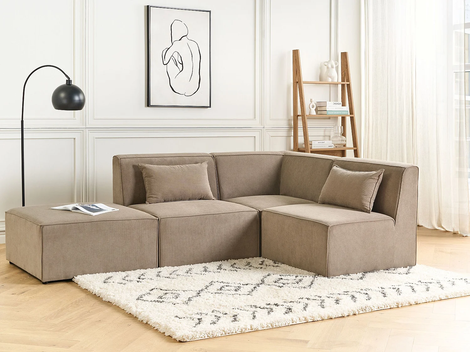 Canapé d'angle modulable 3 places LEMVIG Velours côtelé Taupe avec ottoman Côté droite
