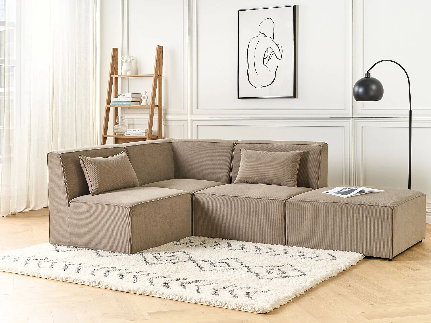 Canapé d'angle modulable 3 places LEMVIG Velours côtelé Taupe avec ottoman Côté droit