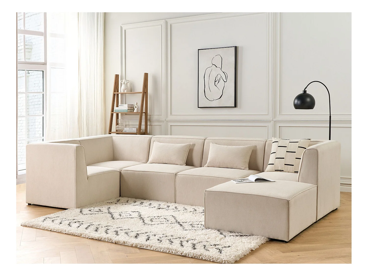 Canapé d'angle modulable 5 places LEMVIG Velours côtelé Beige clair avec ottoman Côté droit