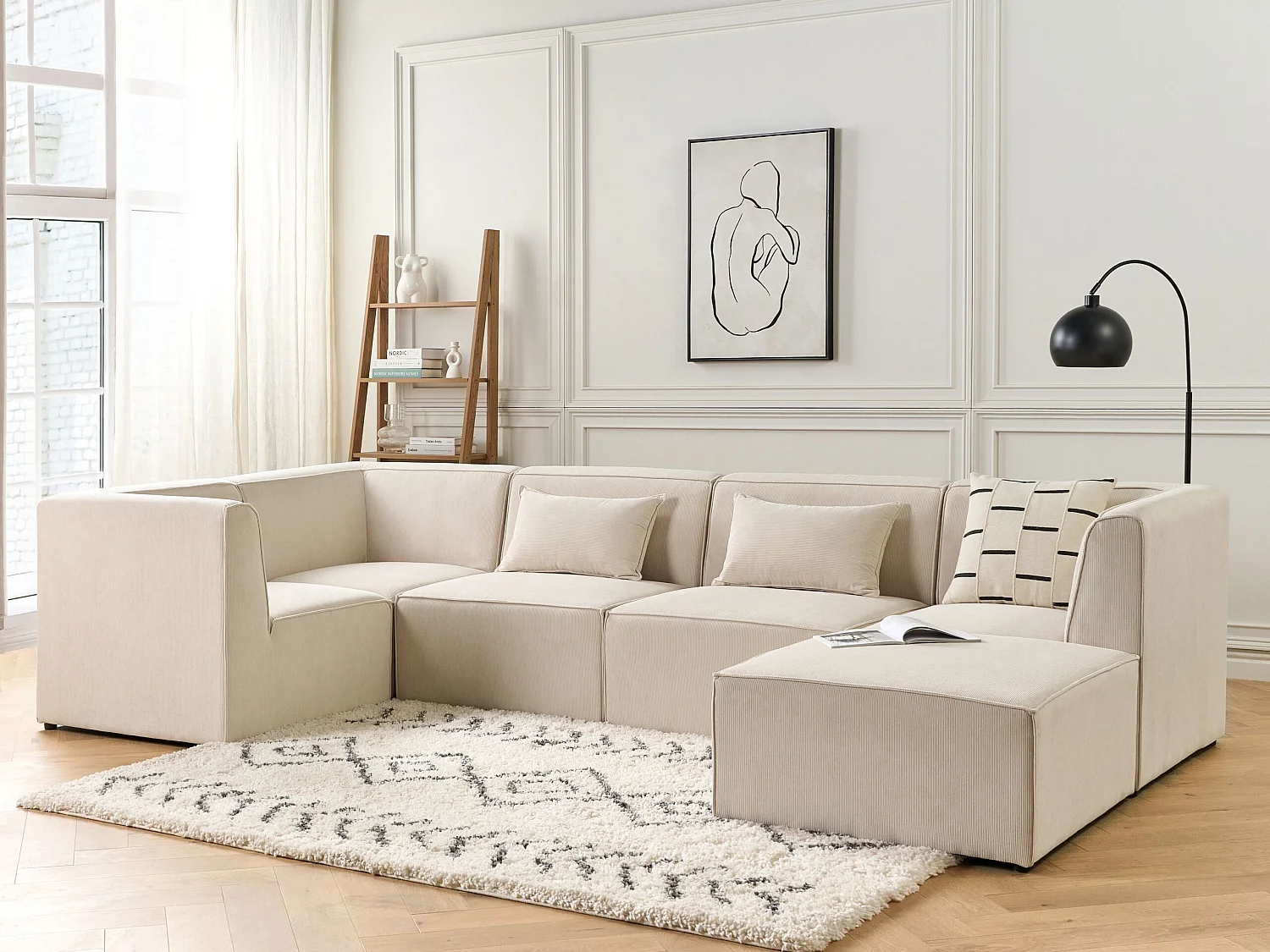 Canapé d'angle modulable 5 places LEMVIG Velours côtelé Beige clair avec ottoman Côté droit