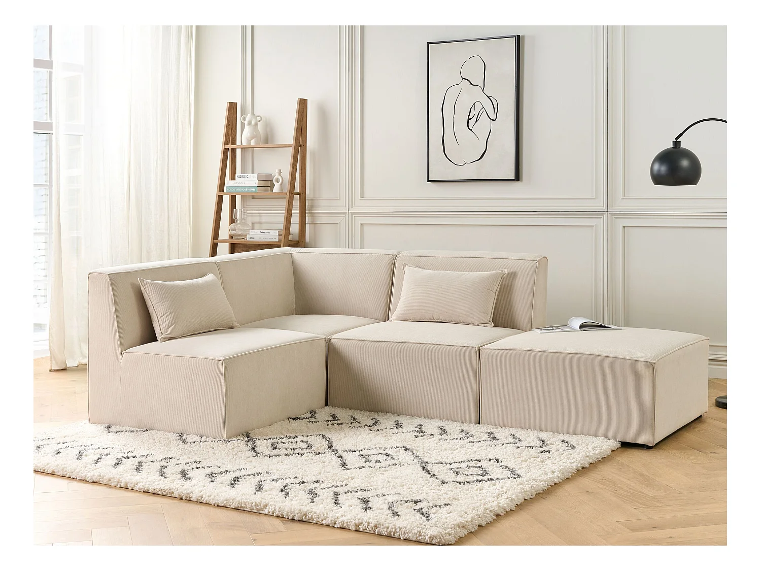 Canapé d'angle modulable 3 places LEMVIG Velours côtelé Beige clair avec ottoman Côté droit