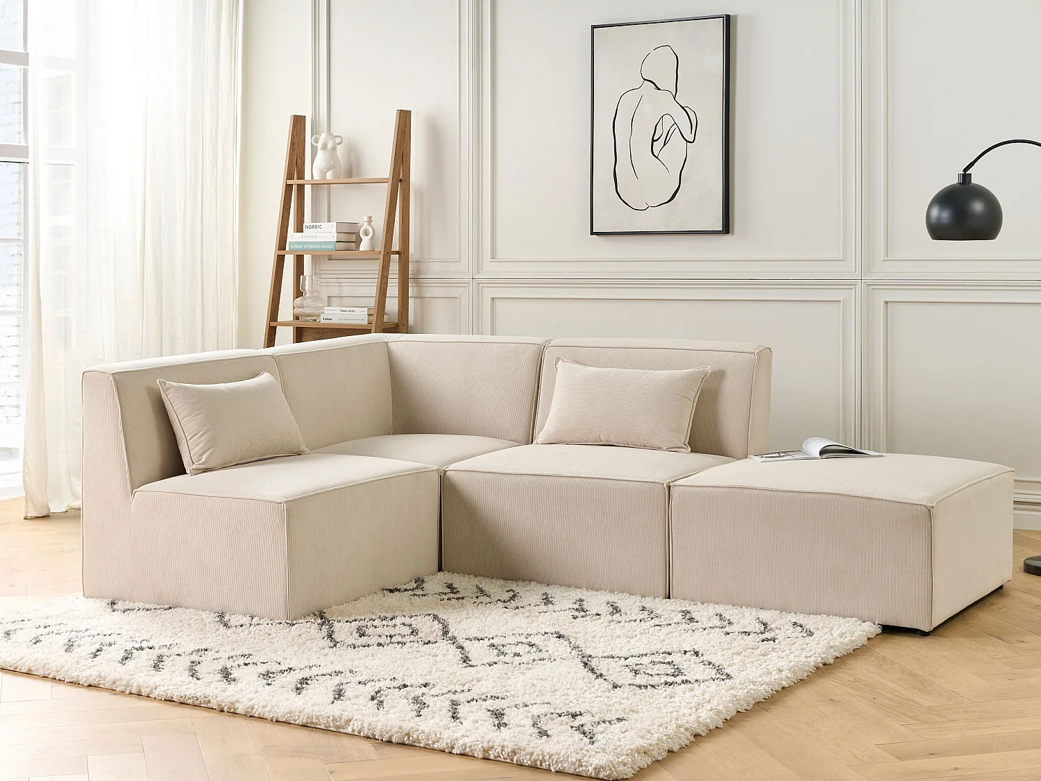 Canapé d'angle modulable 3 places LEMVIG Velours côtelé Beige clair avec ottoman Côté droit