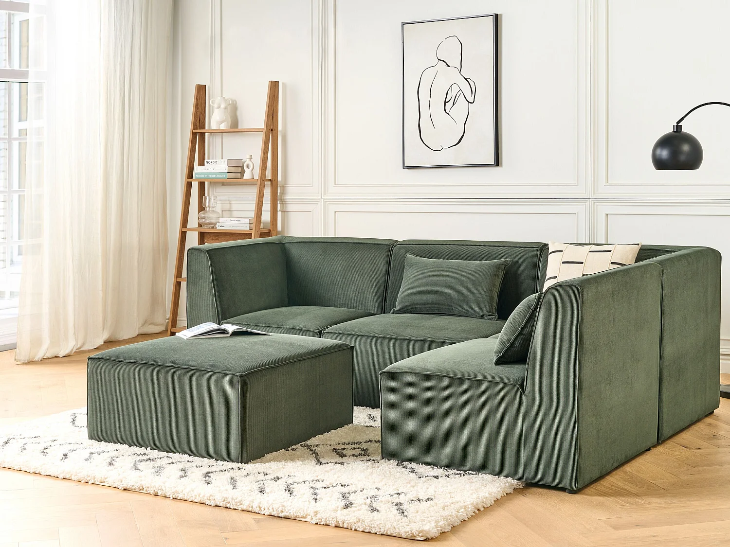 Canapé d'angle modulable LEMVIG Velours côtelé Vert foncé avec ottoman 4 places Côté gauche