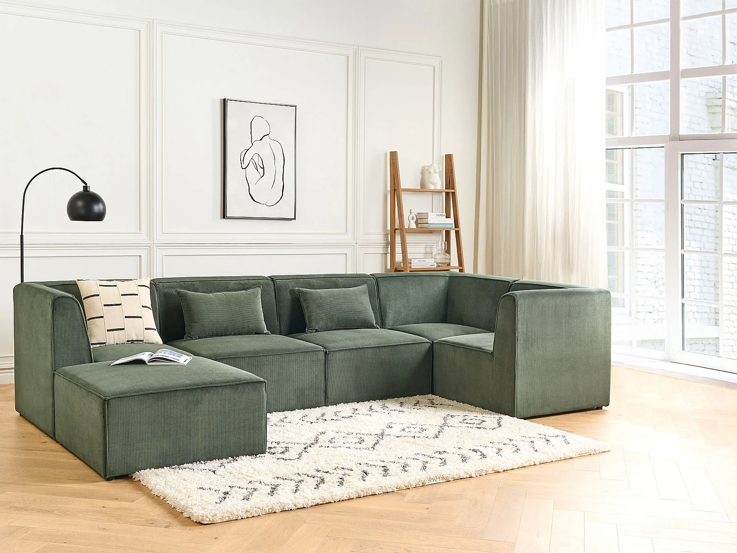 Canapé d'angle modulable LEMVIG Velours côtelé Vert foncé avec ottoman 5 places Côté gauche