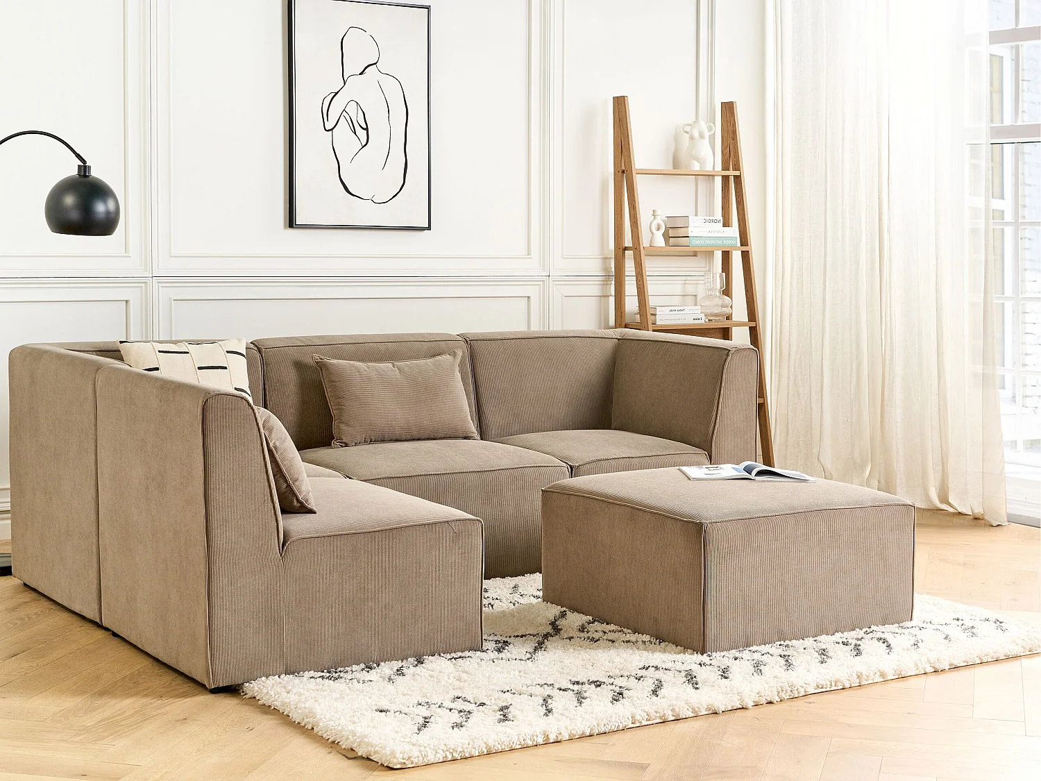 Modulaire hoekbank LEMVIG Corduroy Taupe Met ottomaan 4-zitter Rechterzijde