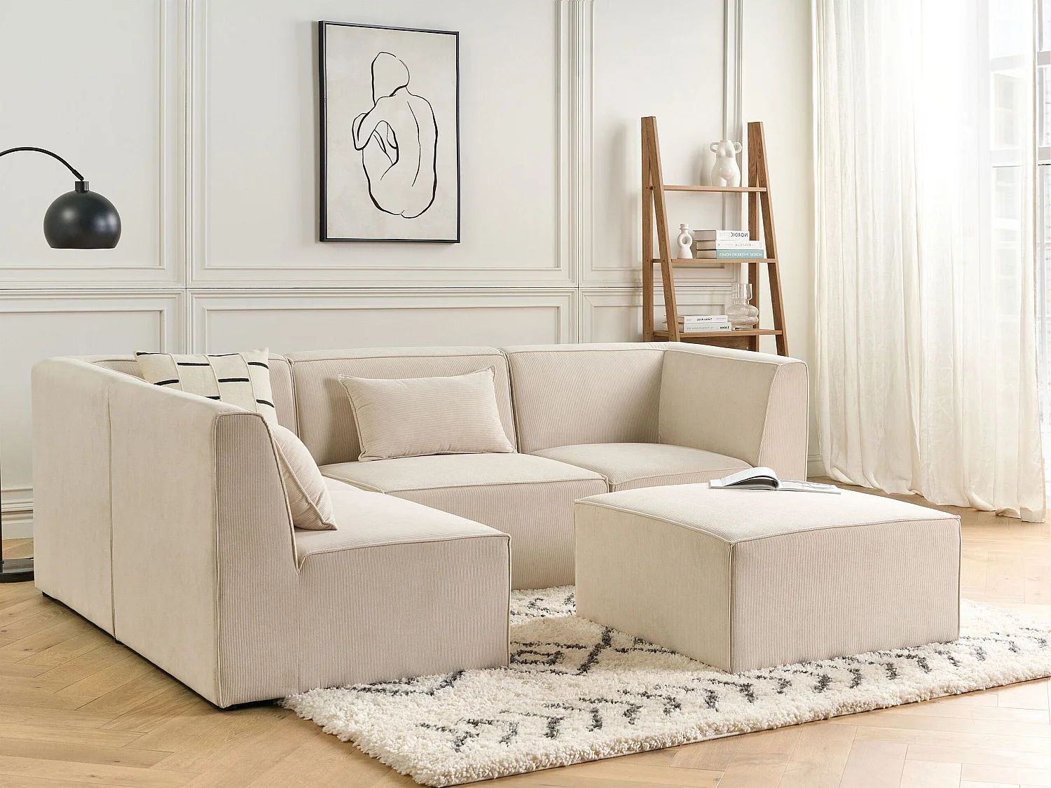 Canapé d'angle modulable 4 places LEMVIG Velours côtelé Beige clair avec ottoman Côté droit