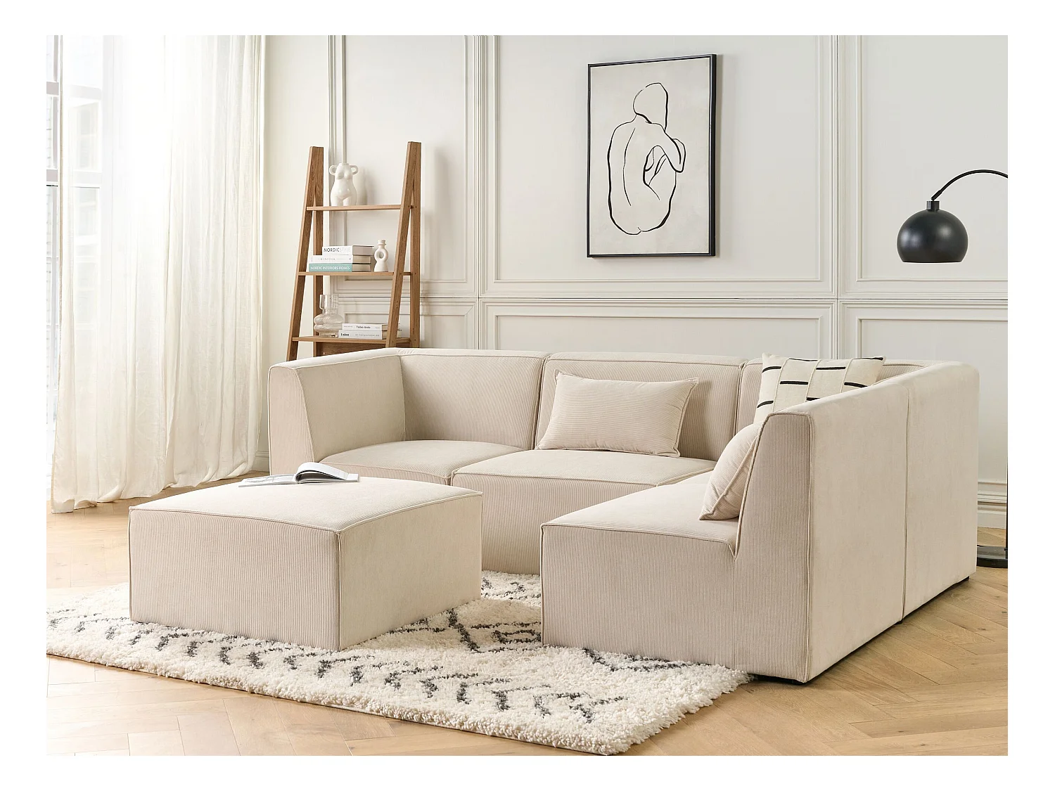 Canapé d'angle modulable 4 places LEMVIG Velours côtelé Beige clair avec ottoman Côté droite