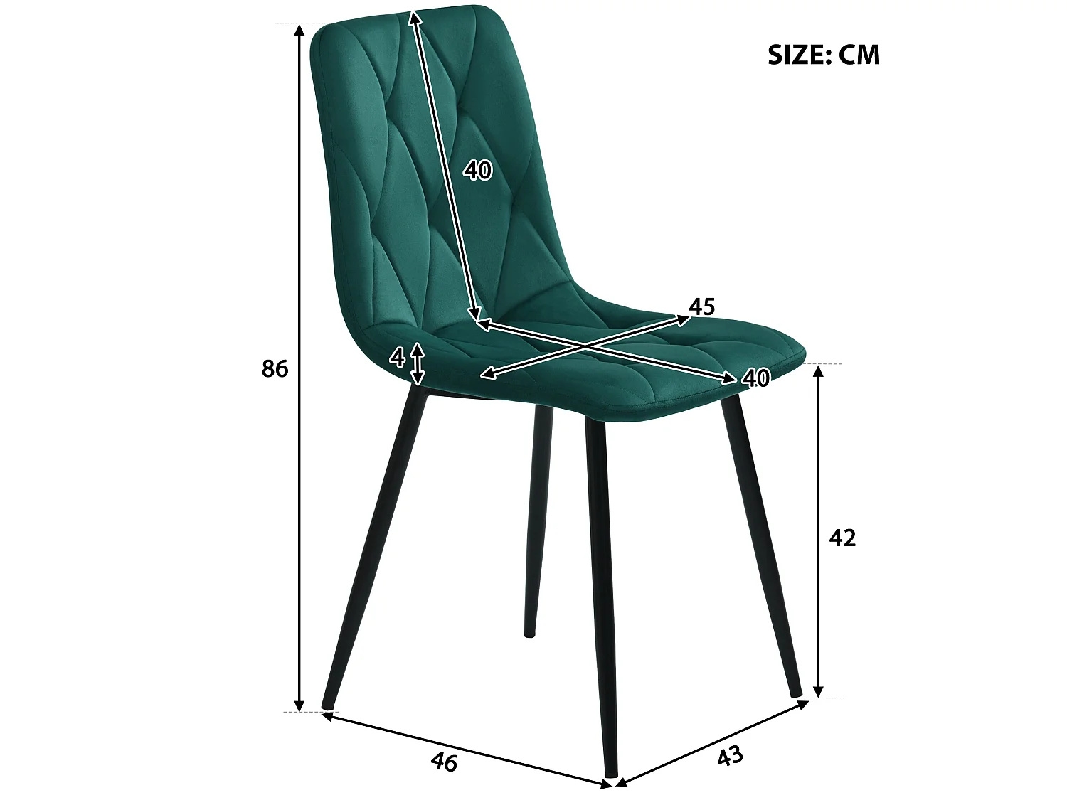 Conjunto de 4 sillas de terciopelo - estructura de metal - Motivo de rombos - verde