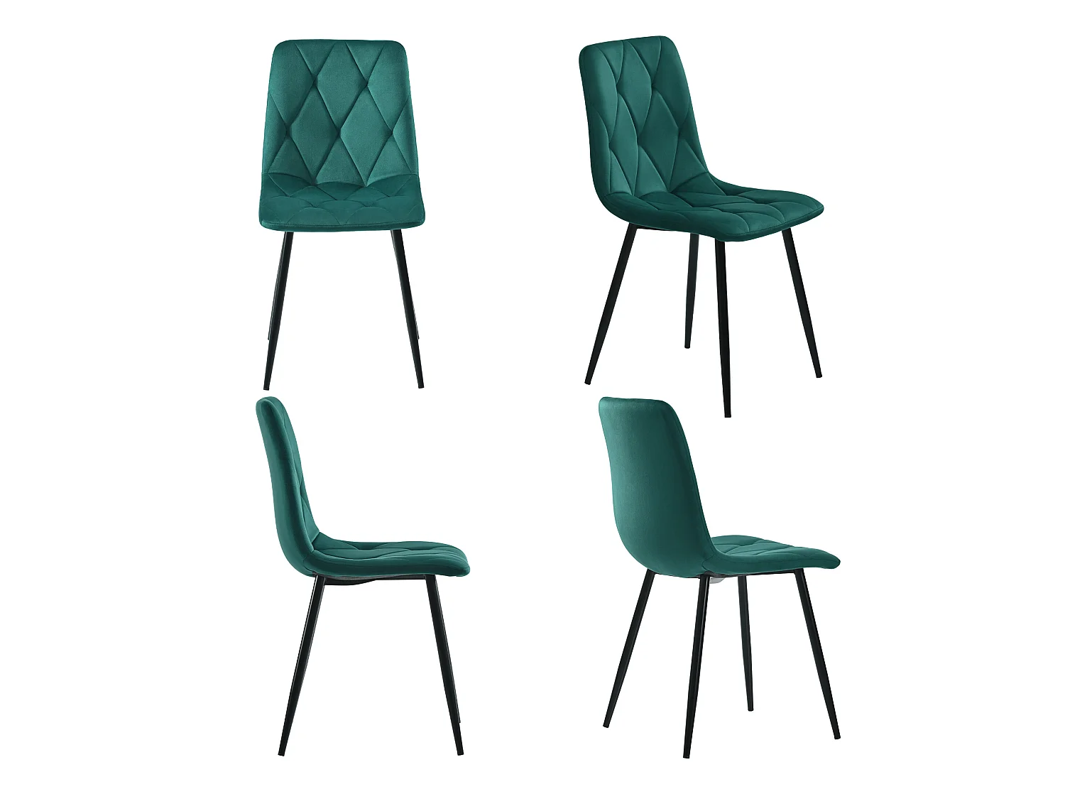 Lot de 4 Chaises en velours - structure en métal - Motif à losanges - vert