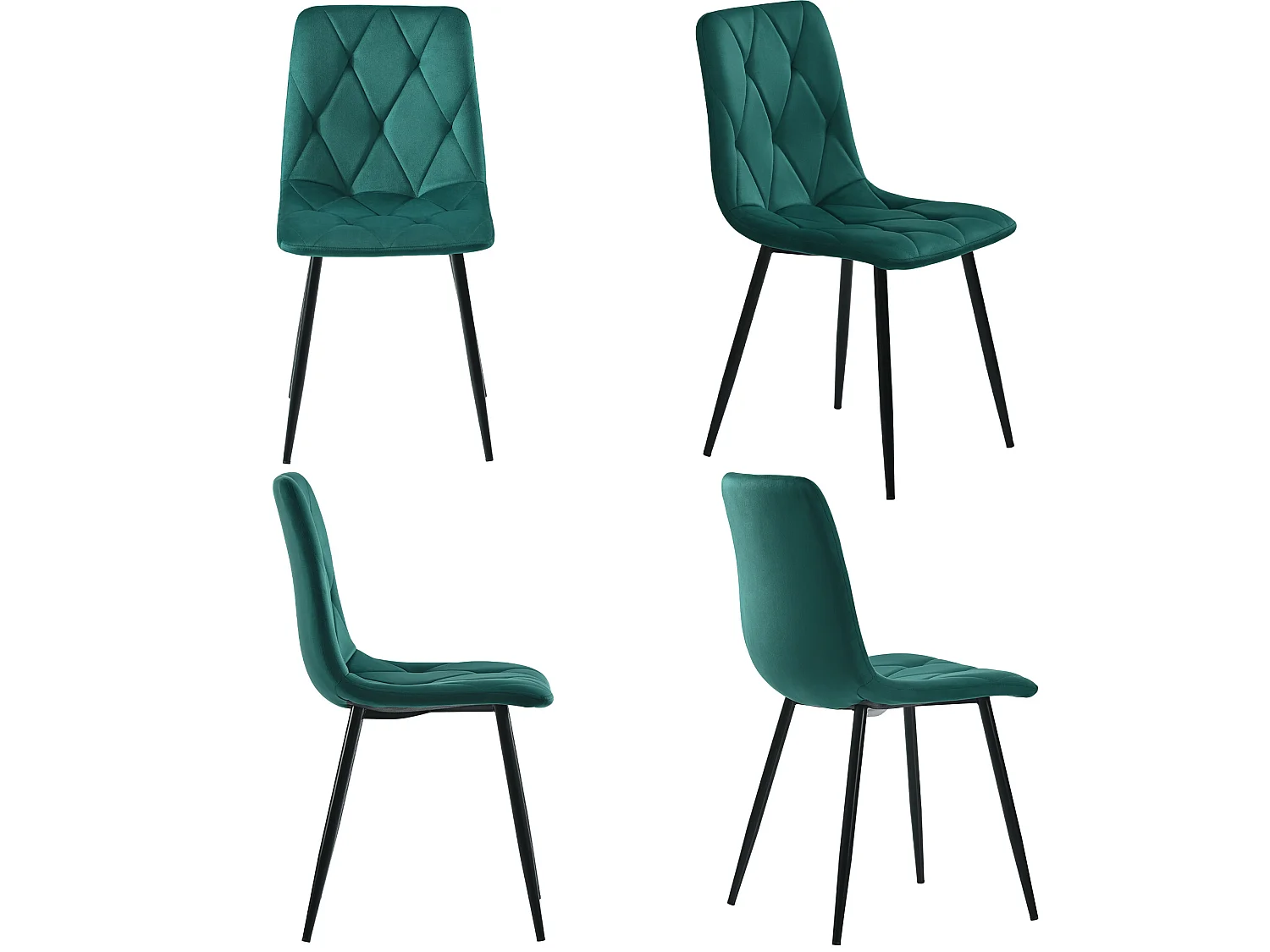 Lot de 4 Chaises en velours - structure en métal - Motif à losanges - vert