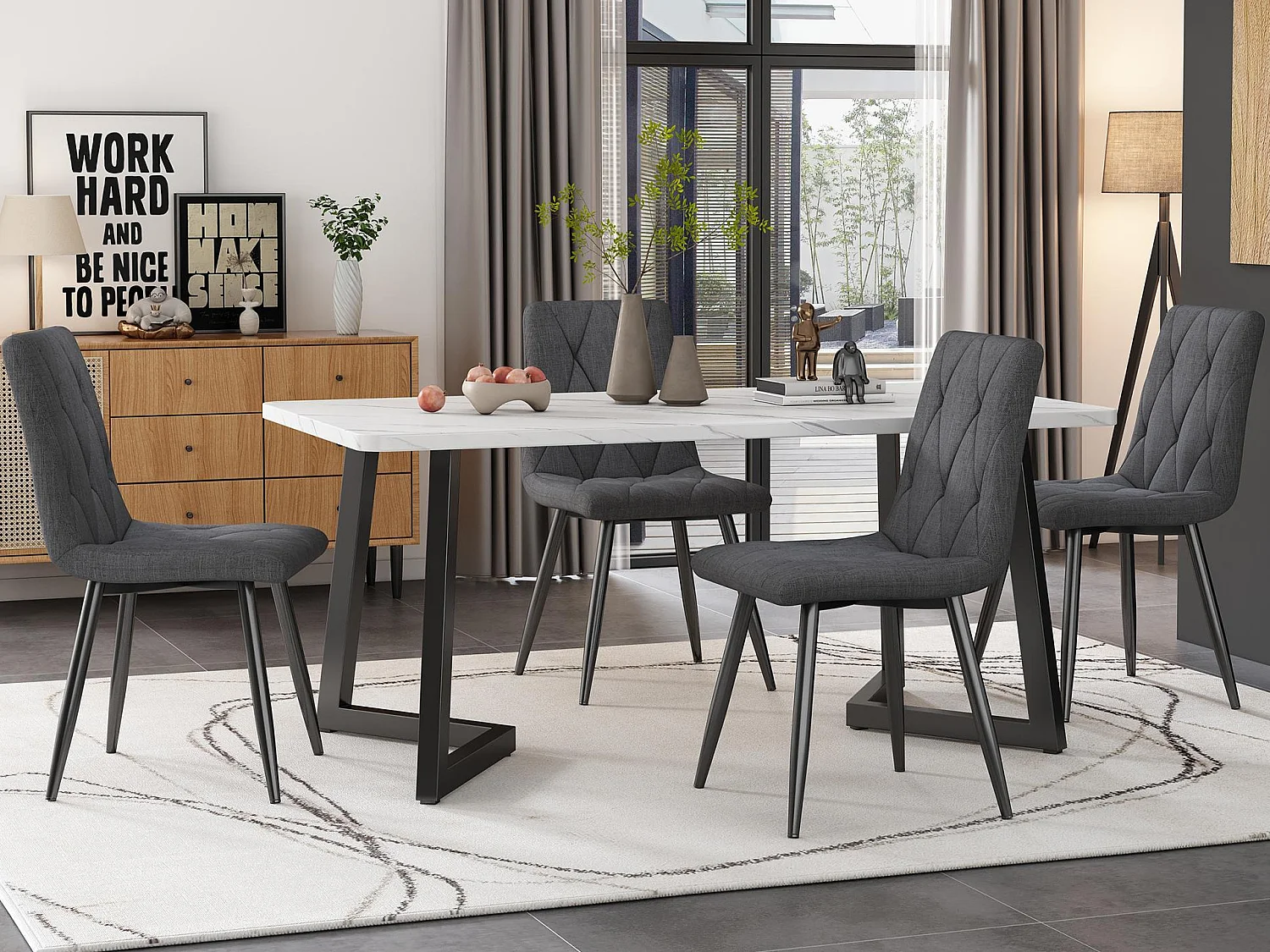 Lot de 4 Chaises en lin - structure en métal - Motif à losanges - Gris