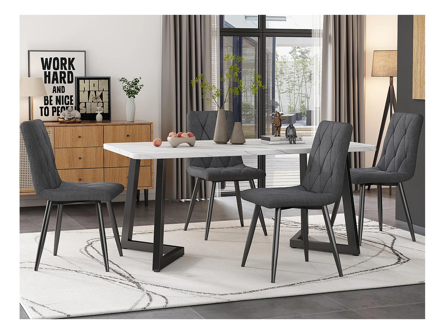 Lot de 4 Chaises en lin - structure en métal - Motif à losanges - Gris