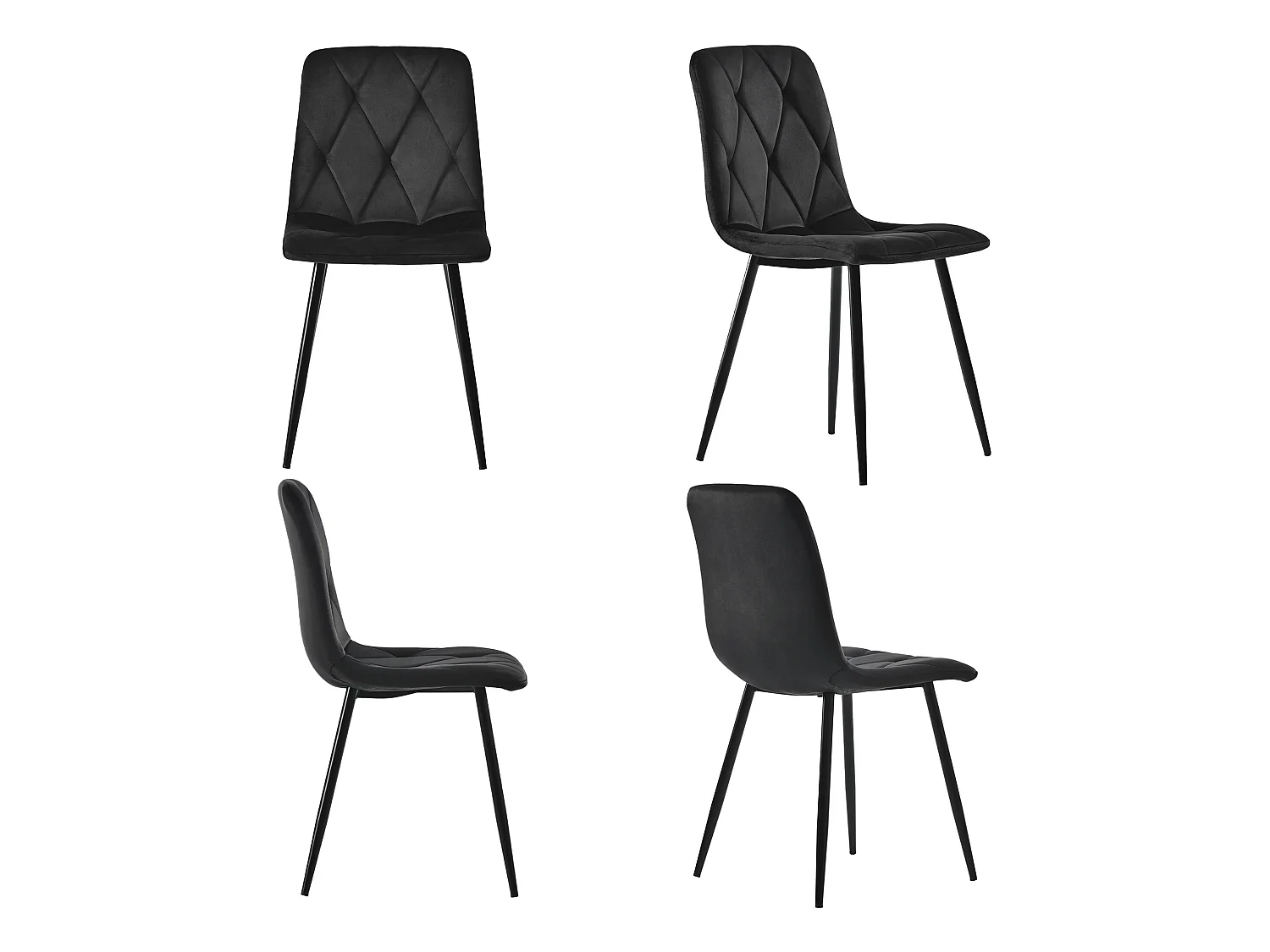 Set van 4 Velvet stoelen - metalen structuur - Ruitpatroon - zwart