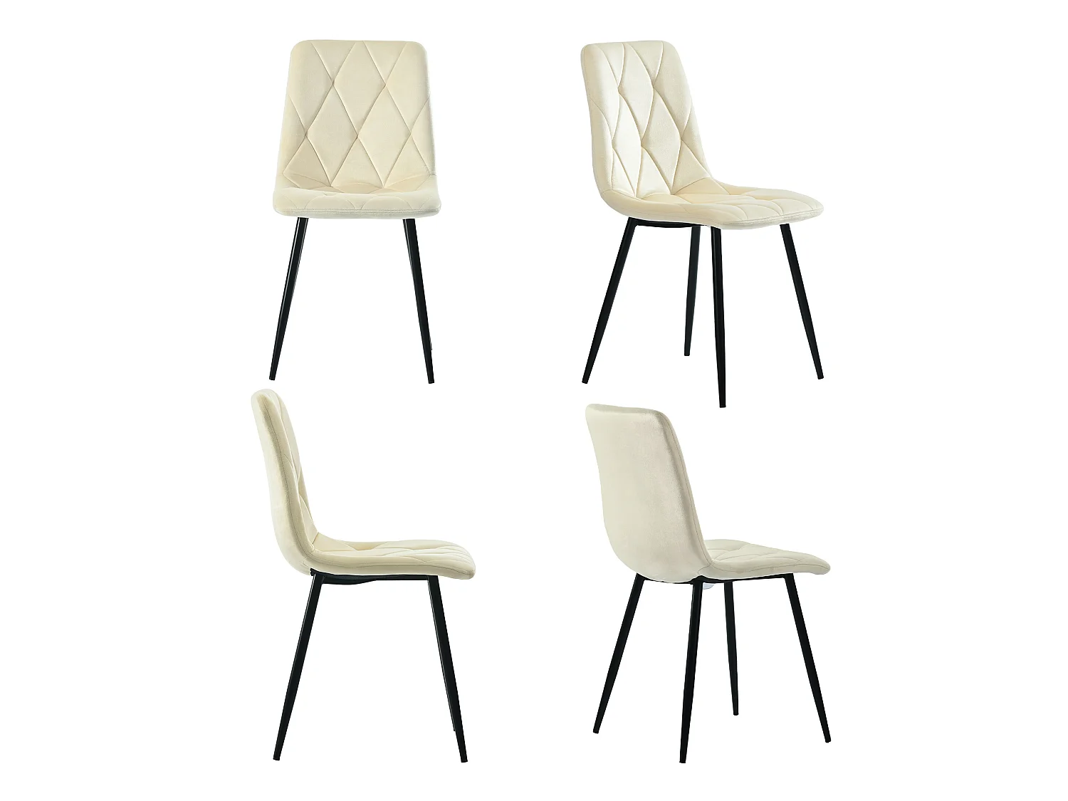 Lot de 4 Chaises en velours - structure en métal - Motif à losanges - beige