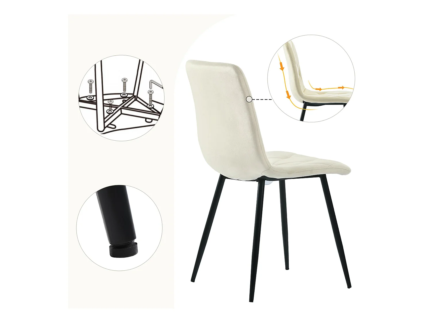 Set van 4 fluwelen stoelen - metalen structuur - Ruitmotief - beige