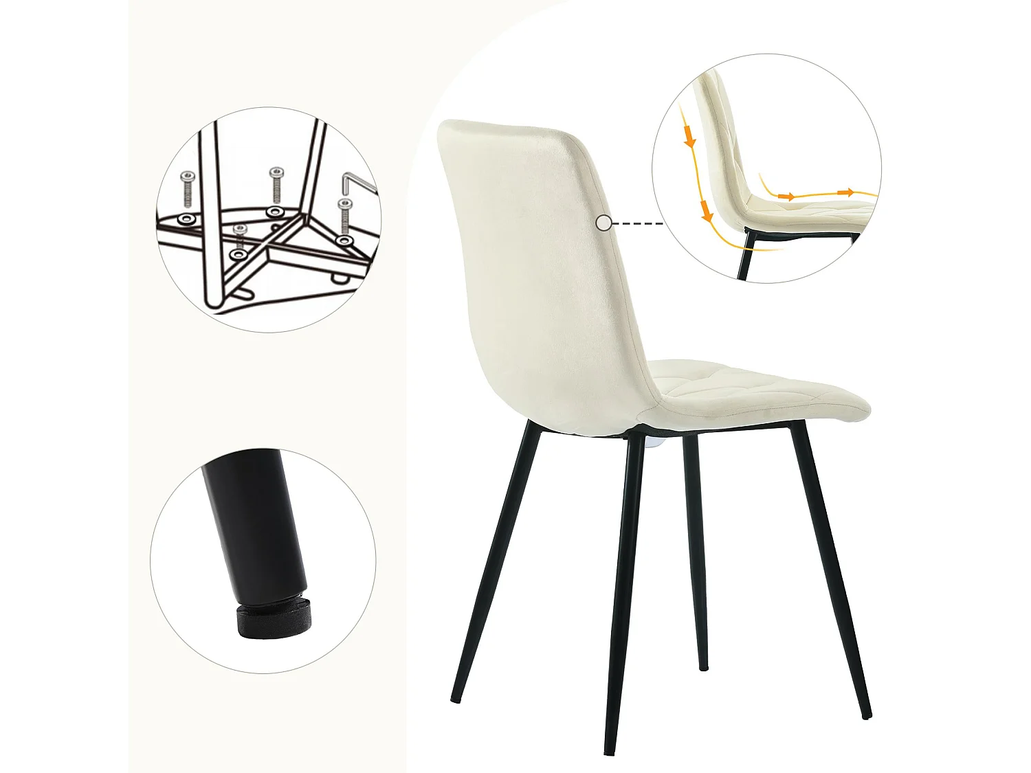 Set van 4 fluwelen stoelen - metalen structuur - Ruitmotief - beige