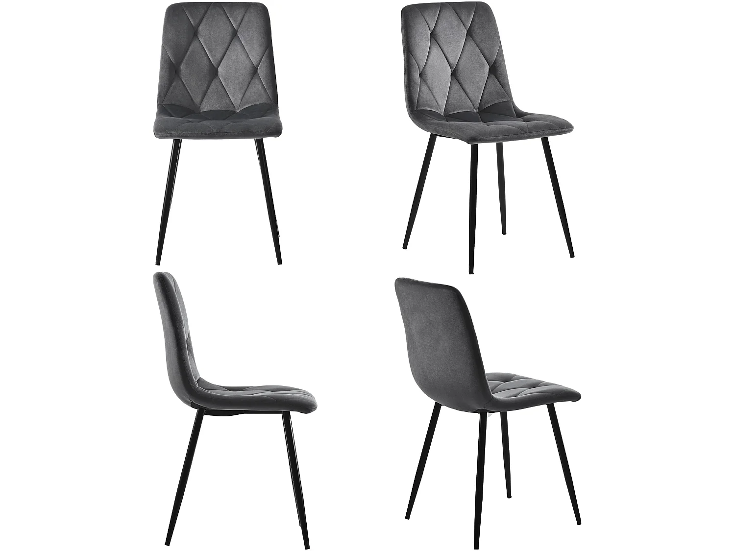 Stuhl 4er-Set aus Samt – Metallstruktur – Rautenmuster – Grau
