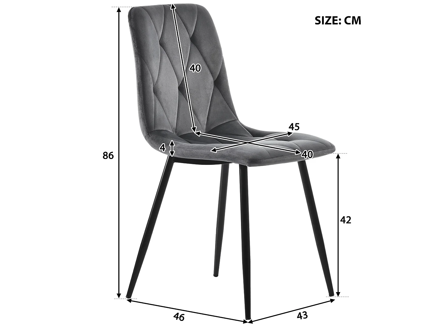 Stuhl 4er-Set aus Samt – Metallstruktur – Rautenmuster – Grau