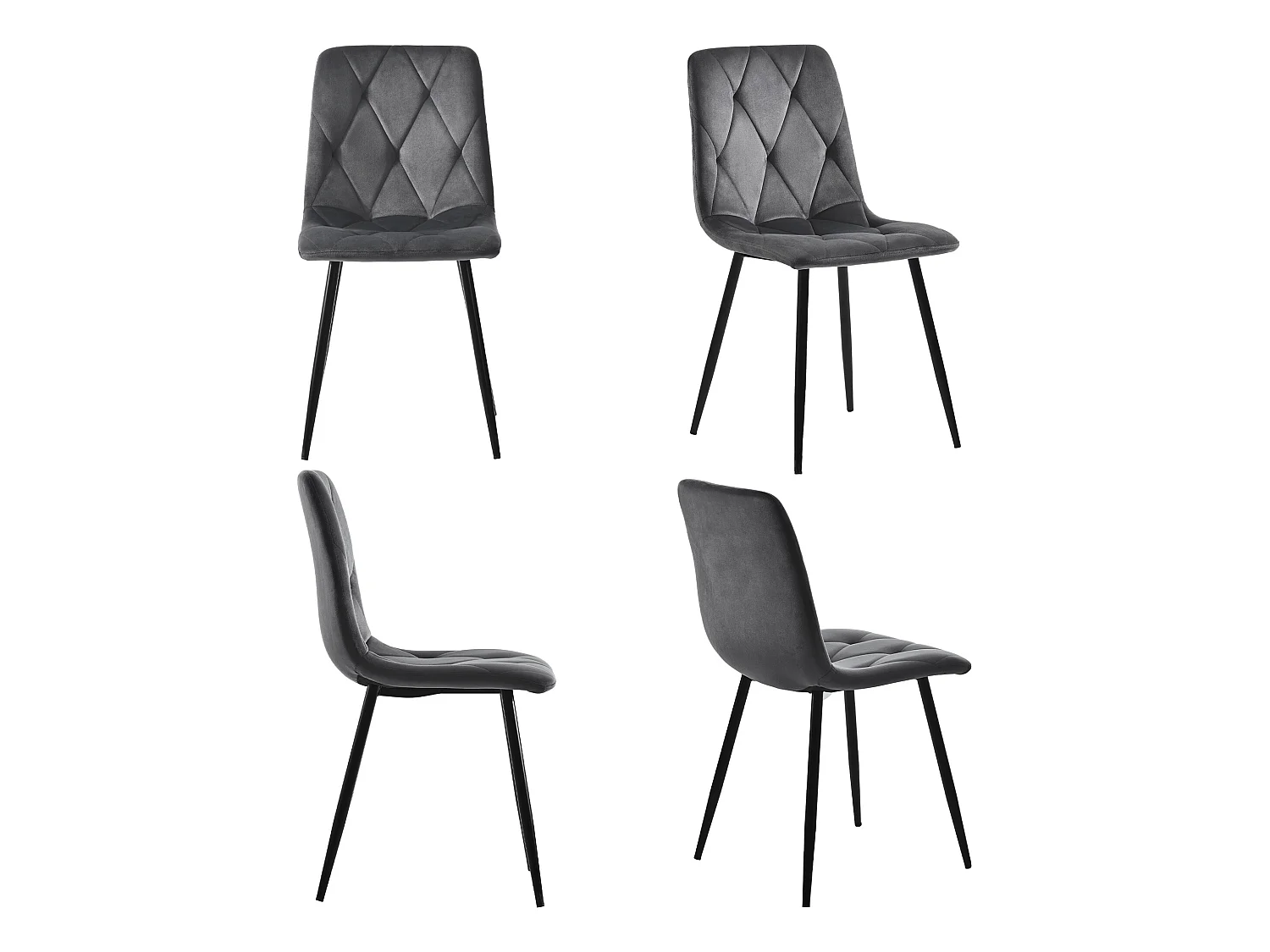 Lot de 4 Chaises en velours - structure en métal - Motif à losanges - gris