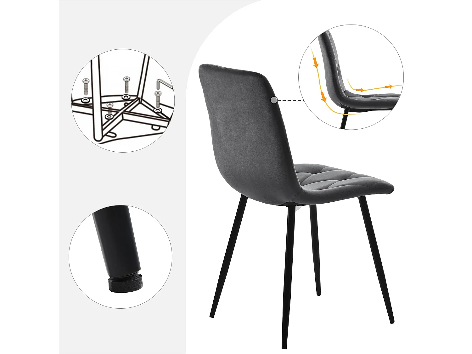 Set van 4 Velvet stoelen - metalen structuur - Ruitpatroon - grijs