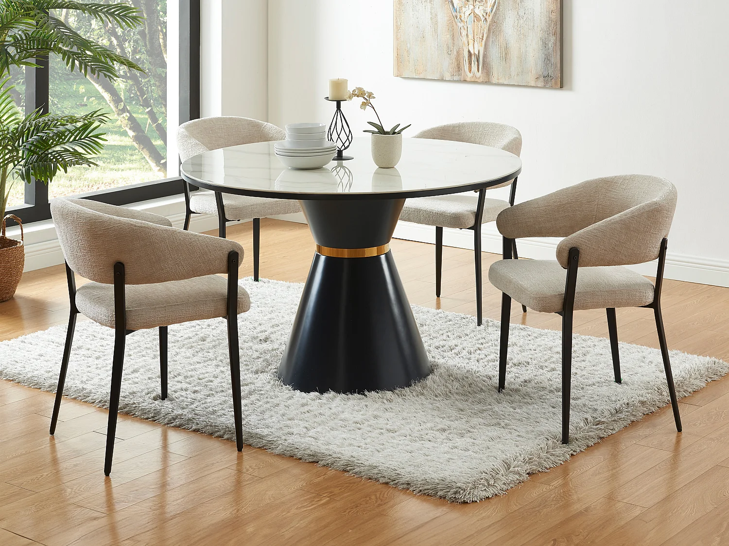 Lot de 6 chaises avec accoudoirs en tissu et métal noir - Beige - AVRELA