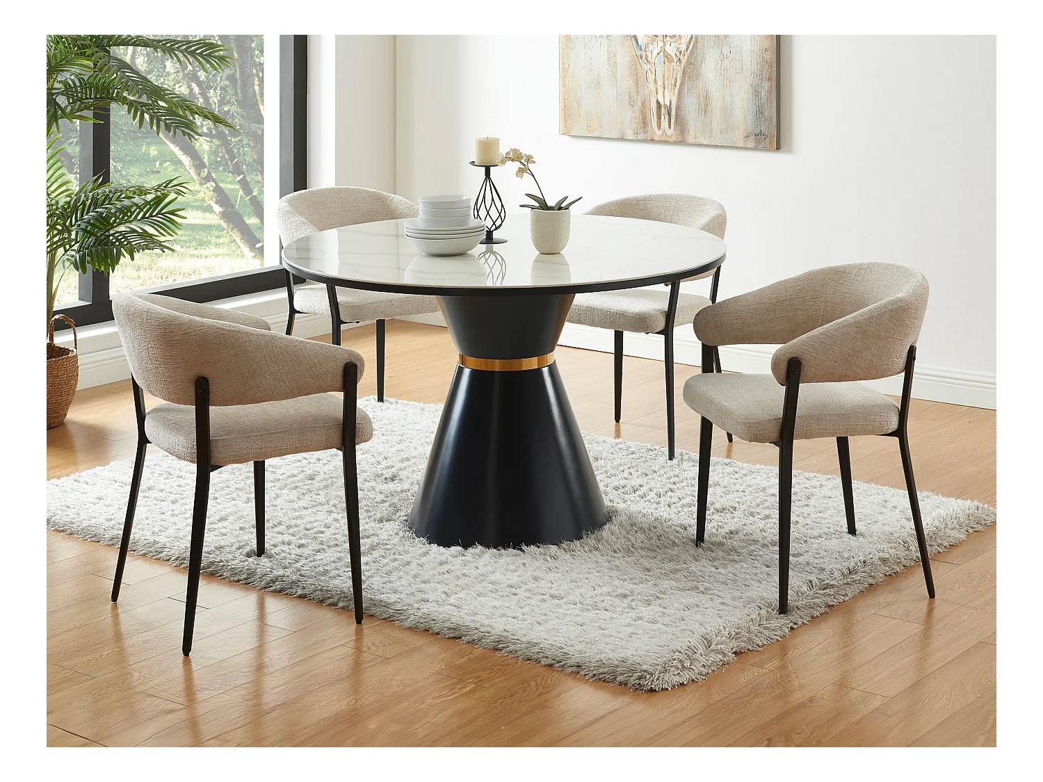 Lot de 6 chaises avec accoudoirs en tissu et métal noir - Beige - AVRELA