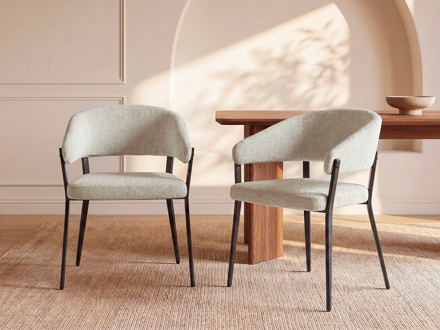 Lot de 6 chaises avec accoudoirs en tissu et métal noir - Beige - AVRELA