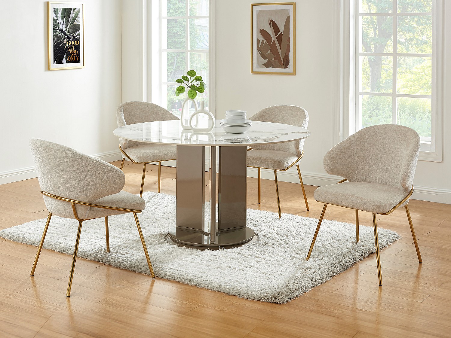 Vente-unique Stuhl 6er-Set - Stoff & Goldfarbenes Metall - Beige - Luxiva