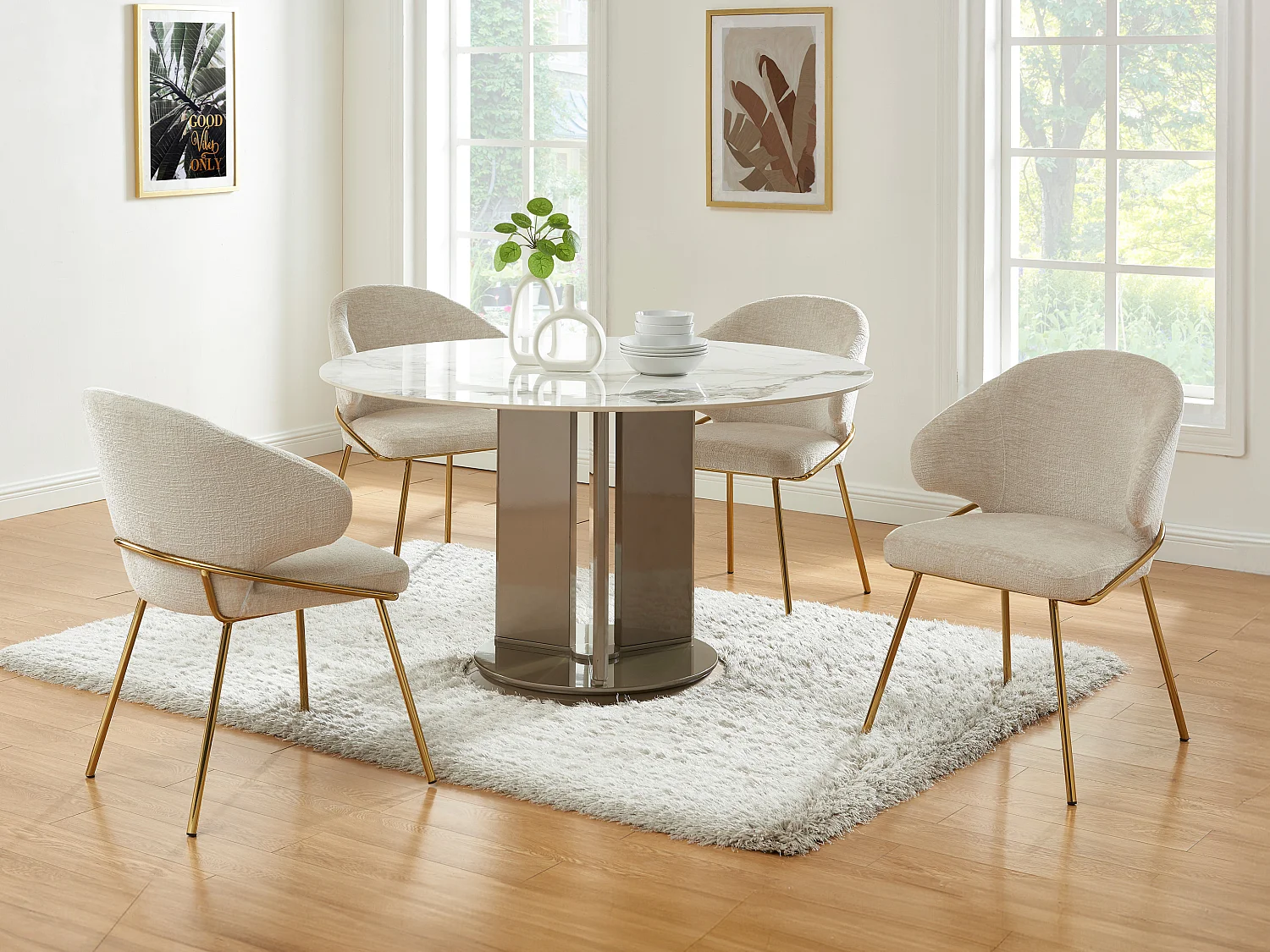 Set van 6 stoelen van stof en goudkleurig metaal - Beige - LUXIVA