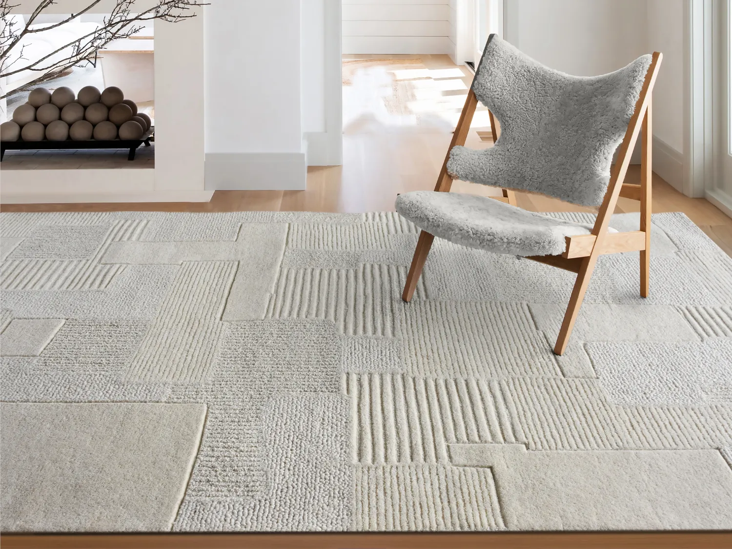 Tapete com relevos 100% lã feito à mão 200x290 cm, 1800 g/m2, cor marfim - AURORA
