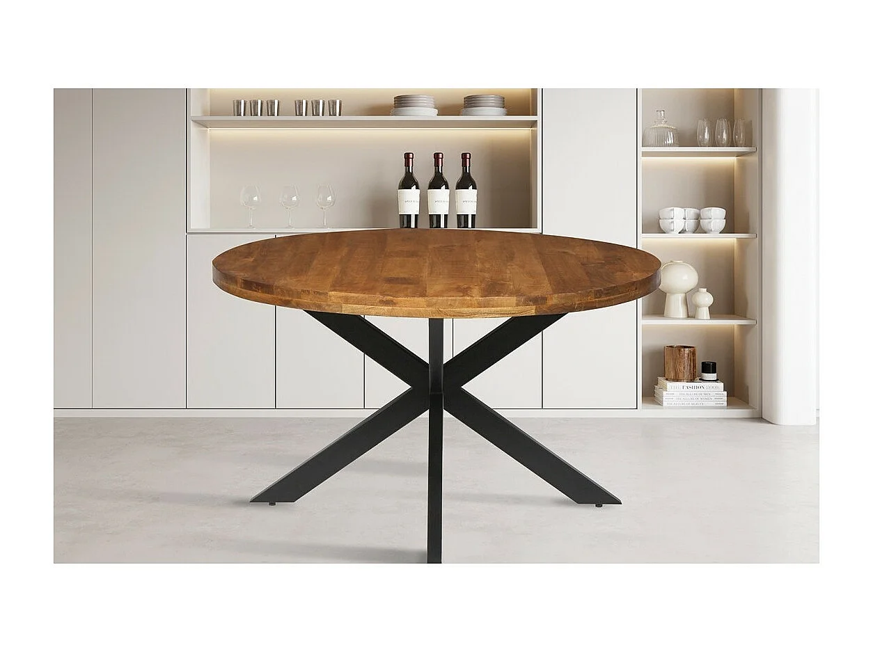 Ronde eettafel BOURGIA van massief Mangolia hout, ideaal voor een gezellige eetkamer.