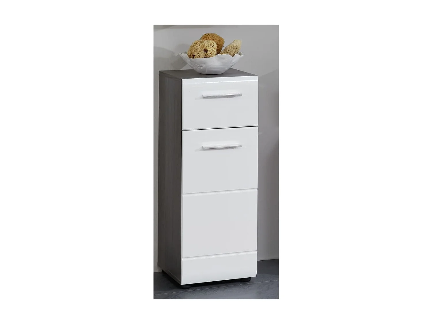 Mueble de baño LineBad 1 puerta, 1 cajón color plata ahumado, blanco alto brillo.