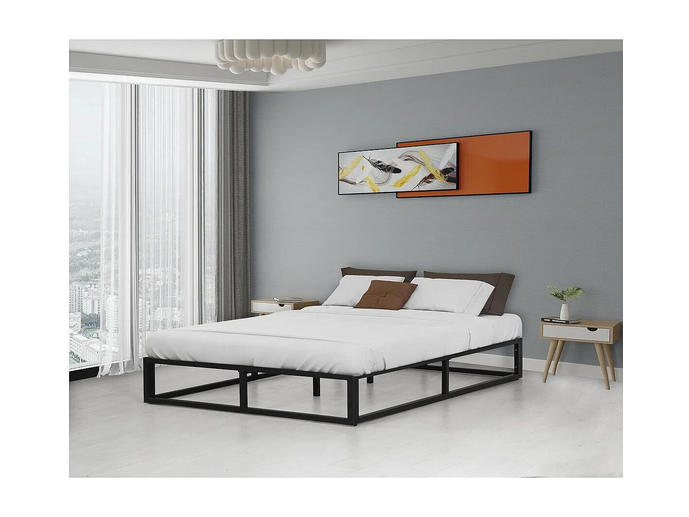Letto Matrimoniale In Metallo VECELO 140x190 Cm - Struttura Con Testiera, Contenitore Sottostante, Senza Rete, Silenzioso, Nero
